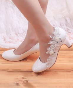 Round Toe Embroidered Fashion Satin Chunky Heel Mid Bridal Shoes