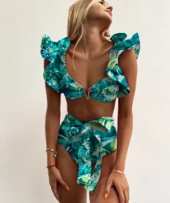 Backless Ruffle Beach Wear Bathing Suit High Waist Bikinis Set