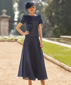 Bateau Neck Short Sleeves Two-piece Flowers Ankle-Length Wedding Guest Mother Dresses