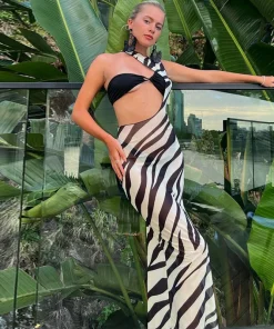 Beach Cover-Ups Transparent Mesh Maxi Dress Cut Out Bodycon Vacation Dress