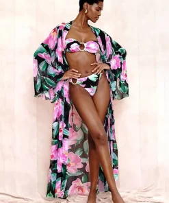Bohemian Pleated Printed Ring Linked Bikini And Long Cover-up 3-piece Swimwear Set