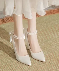 Bow Satin Stiletto Heel Point Toe Pearls Fabric Wedding High Heel Sandals