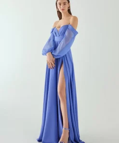 Casual A-Line Pleated High Slit Neckline Floor-Length Chiffon Dresses