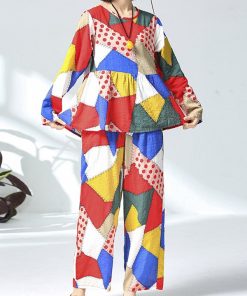 Casual Cotton Linen Floral Print Two Pieces Suits