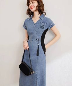 Casual Embroidery V-Neck Short Sleeve Non Stretch Slim Fit Mid-Calf Dress