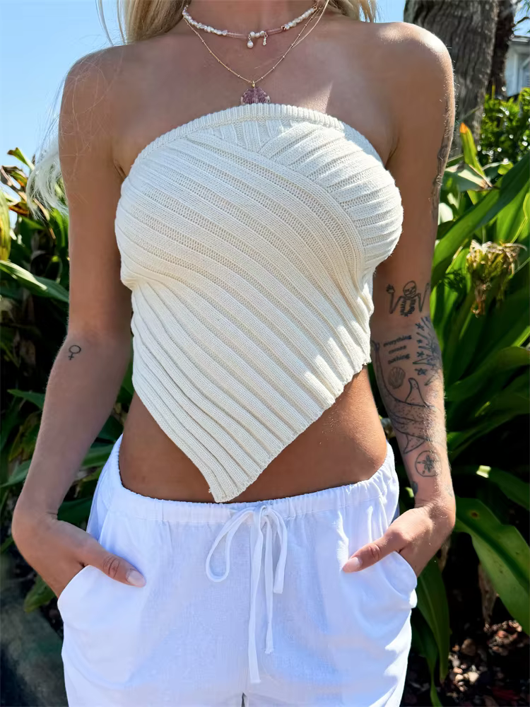 Casual Knitted Solid Color Ribbed Irregular Hem Strapless Off Shoulder Tank Tops