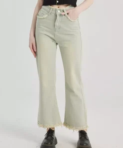 Casual Raw Hem Cropped Solid Color Vintage Flare Jeans