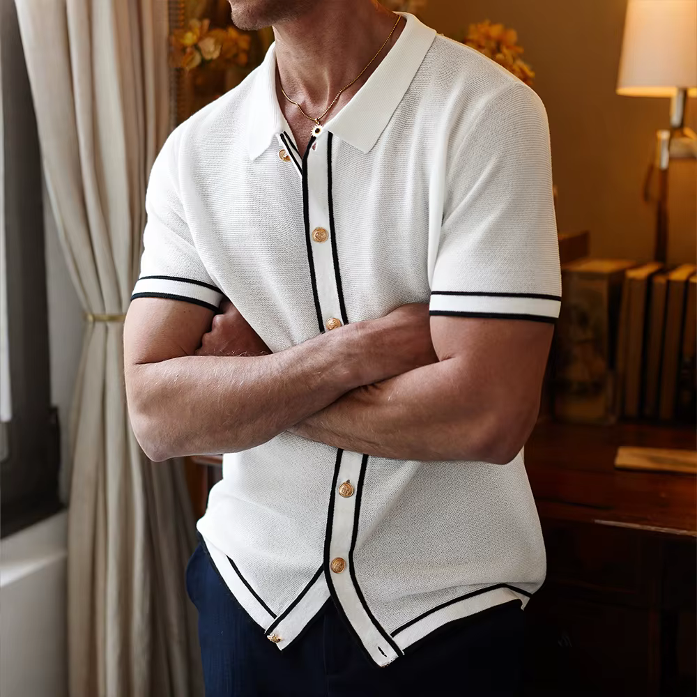 Casual Retro Knit Lapel Striped Short-Sleeved Breathable Polo T-Shirts