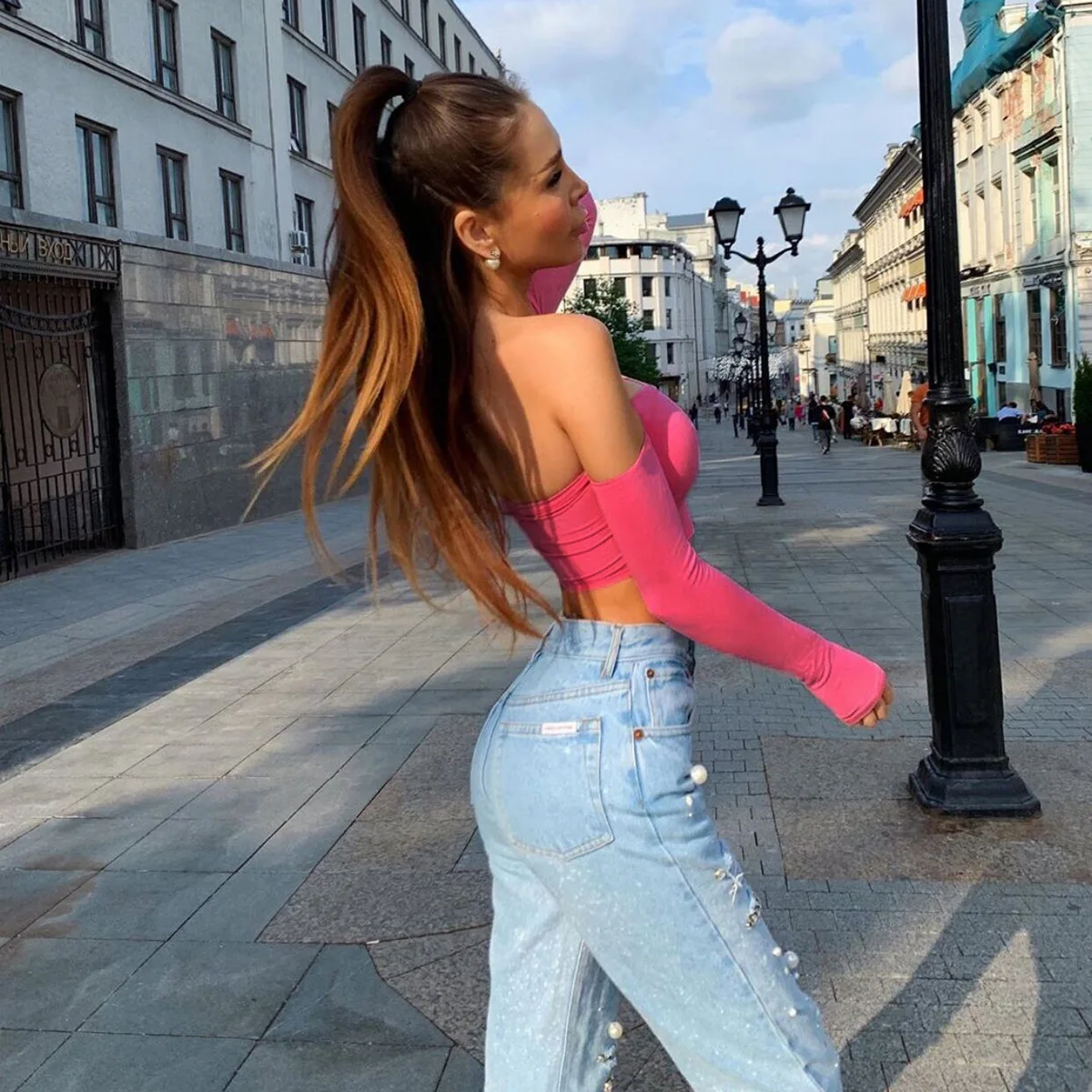 Casual Slash Neck Wrap Chest Long Sleeves Off Shoulder Short T Shirt - Image 2