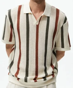 Casual Stripes And Contrast Colors Knit Short-Sleeve Polo T-Shirt
