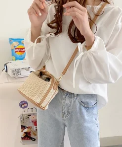 Casual Woven Bucket Trendy Small Straw Seaside Beach Shoulder Crossbody Handbag