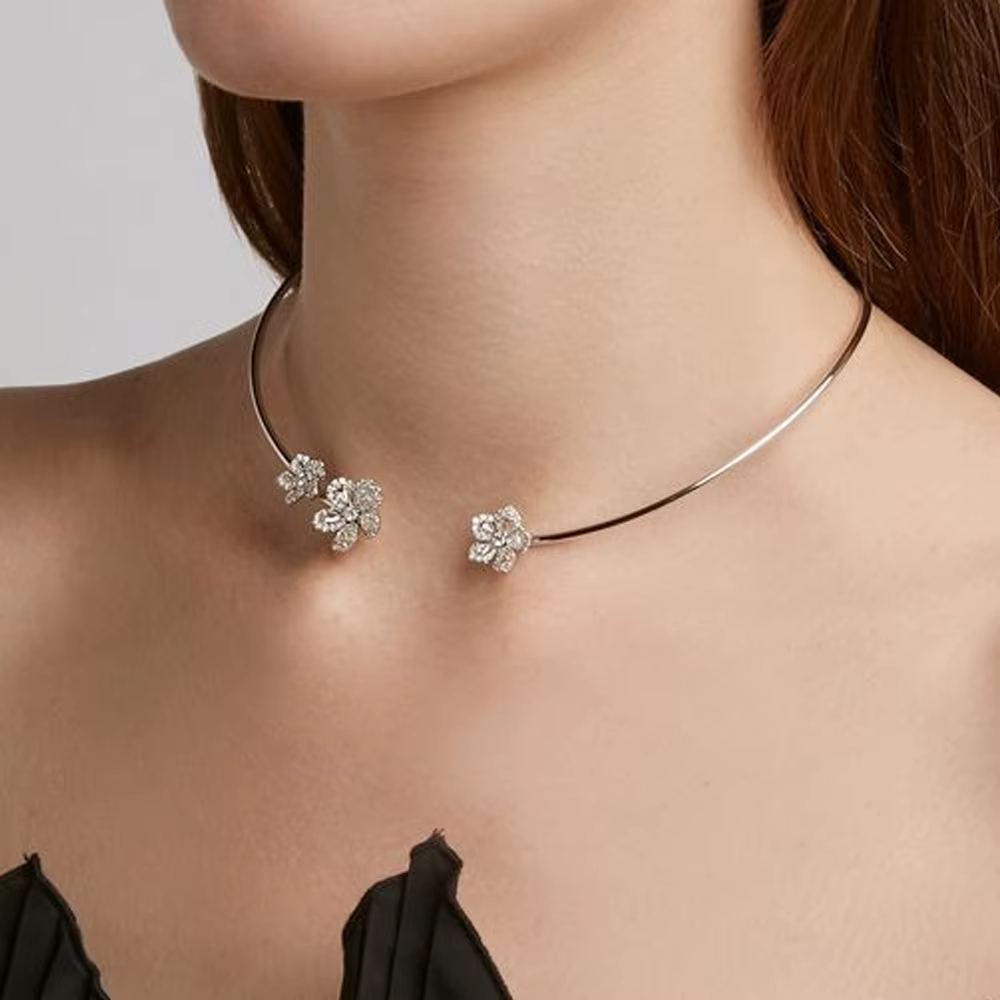 Crystal Flower Simple Metal Open Choker Torques Jewelry Accessories