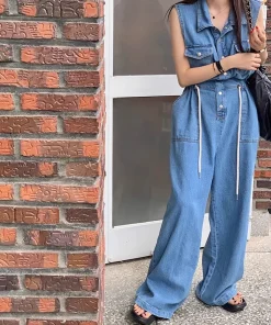 Denim Retro Collar Drawstring Casual Loose Workwear Jumpsuit