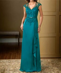 Elegant Appliques Chiffon Short Sleeve Ruffles Belt A-Line Lace Floor-Length Mother Of The Bride Dress