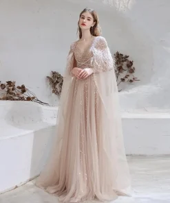 Elegant Beads Detachable Train Feathers Shawl A-Line Evening Party Dress