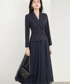 Elegant Double Breasted Blazer And Skirt 2 Piece Suits