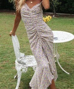 Elegant Flower Printed Ruffles Asymmetric Slip Dress