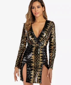 Elegant Geometric Pattern Deep V-neck Long Sleeve Sequin Mini Dress