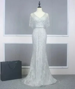 Elegant Half Sleeves Beading Luxury Mermaid Evening Party Dress