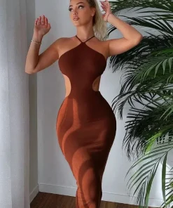 Elegant Halter Neck Beautiful Back Waistless Sleeveless Dress