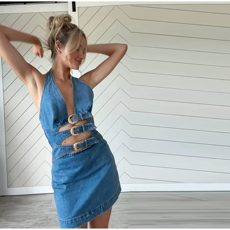 Luxury Hollow Out Halter Cowboy Robe Sleeveless Denim Mini Dress