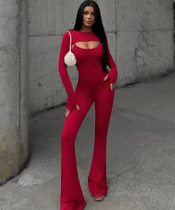 Elegant Long Sleeve Shawl Hollow Out Jumpsuits Two Piece Sets