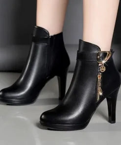 Elegant Metal Decoration Toe High Heeled Leather Boots