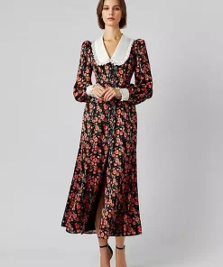Elegant Peter Pan Collar Vintage Bishop Floral Sleeve Long Dress