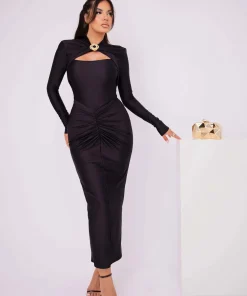 Elegant Pleated Long Sleeved Elastic Tight Bodycon Long Dress