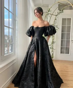 Elegant Puff Sleeve Side Slit Robes Floor-Length A-line Maxi Dress