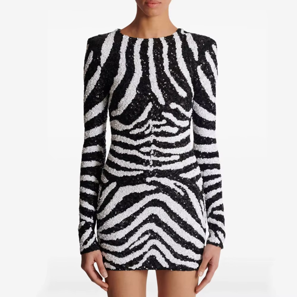 Elegant Round Neck High Waist Slimming Patchwork Sequins Zebra Stripes Mini Dress