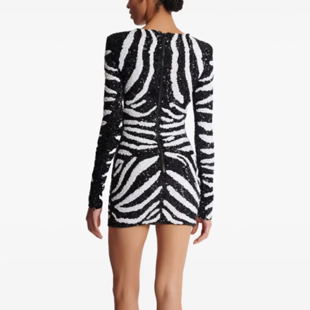 Elegant Round Neck High Waist Slimming Patchwork Sequins Zebra Stripes Mini Dress - Image 2