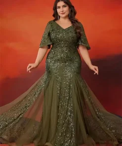 Elegant Short Sleeves Sequin Mermaid Formal Plus Size Maxi Dress