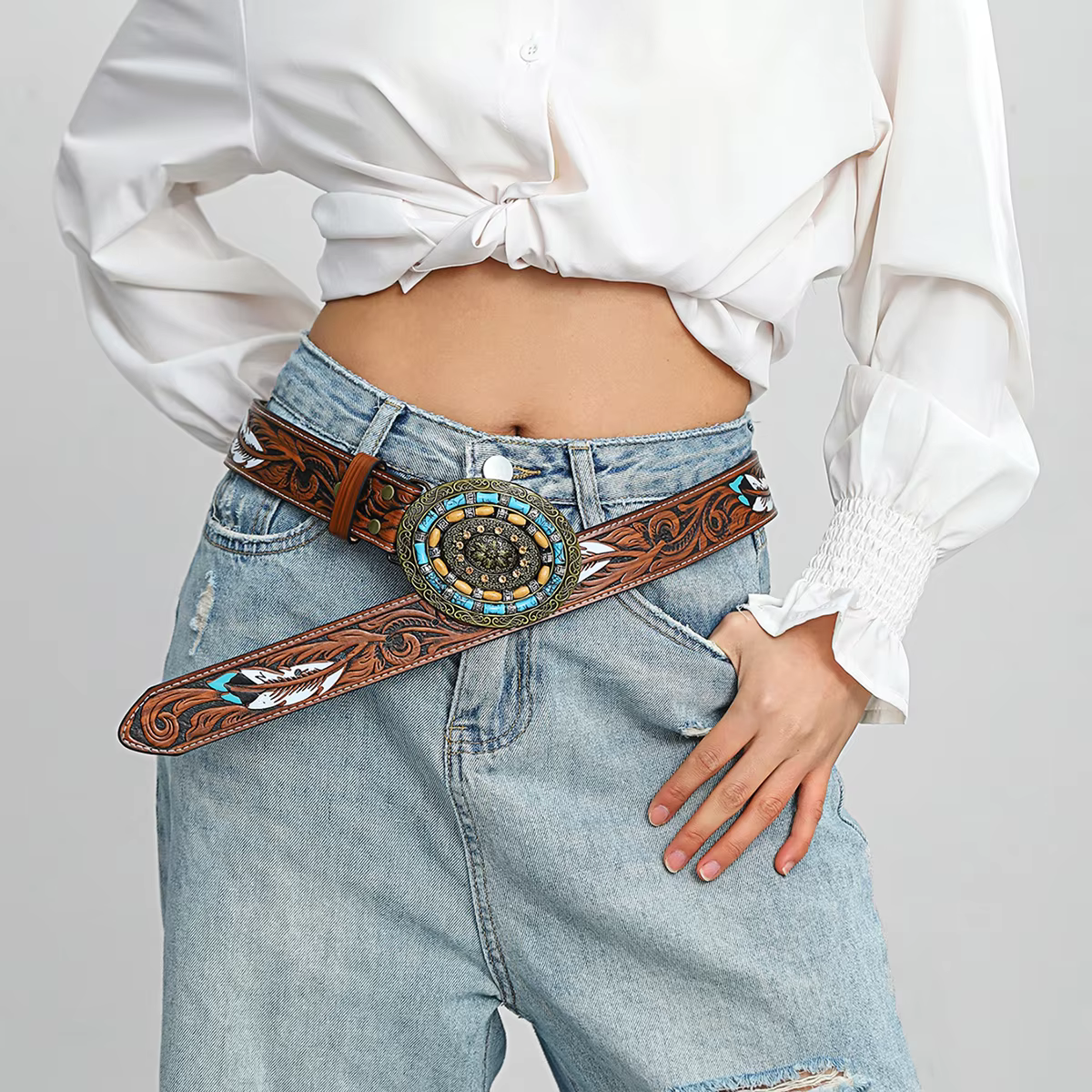 Faux Leather Feather Floral Embossed Alloy Buckle Perfect for Jeans Western Belt