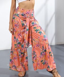 Floral Print Lace Up Polyester Pants Trousers