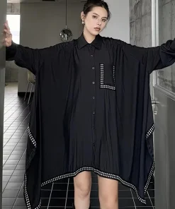 Casual Irregular Hem Rivet Pocket Lapel Long Sleeve Big Size Shirt Dress