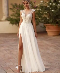 Lace Cut Out A-Line Floor-Length Functional Buttons Short Sleeves V-Neck Wedding Dress