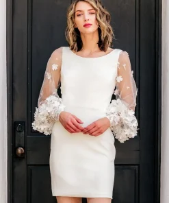 Lace Jewel Neck Back Zipper Long Sleeves Short Bridal Wedding Dresses