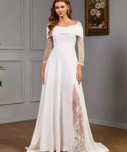 Lace Long Sleeves Satin Fabric Designed Neckline Bridal Wedding Dress With Train Ball Gown