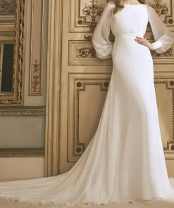 Mermaid A-Line Long Sleeves Jewel Neck Backless Bridal With Train Wedding Gowns