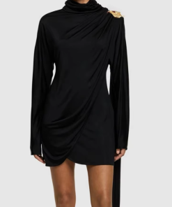 Patchwork Asymmetrical Draped Slim Turtleneck Long Sleeve Draped Mini Dresses