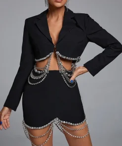 Patchwork Chain Lapel Long Sleeve Chic Blazers High Waist Mini Skirt Solid Set