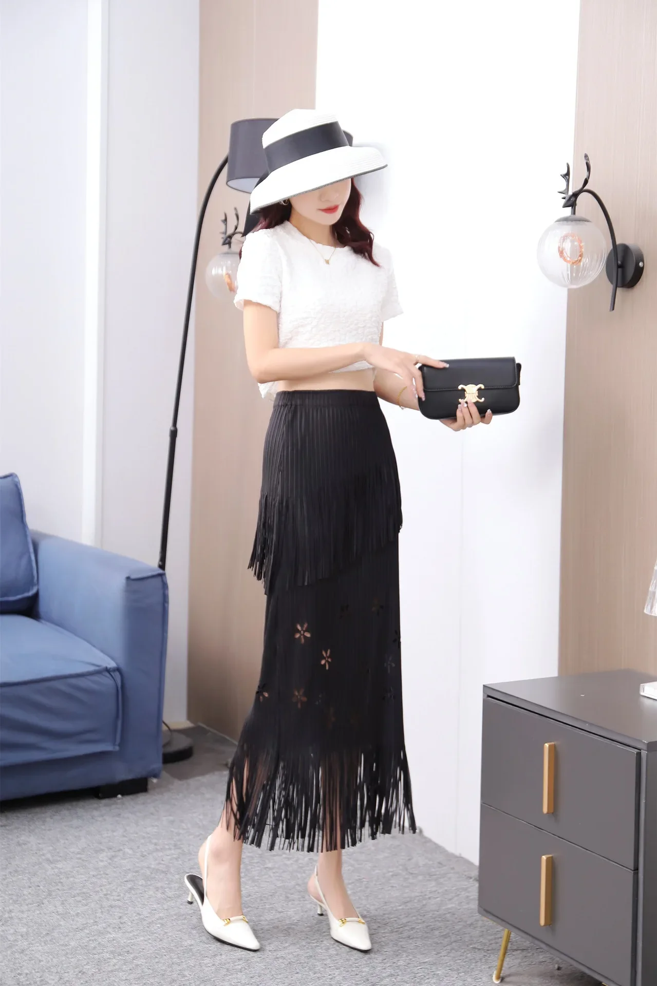 Pleats Half-Body Simple Solid Causal Series Elegant And Vintage Midi skirts