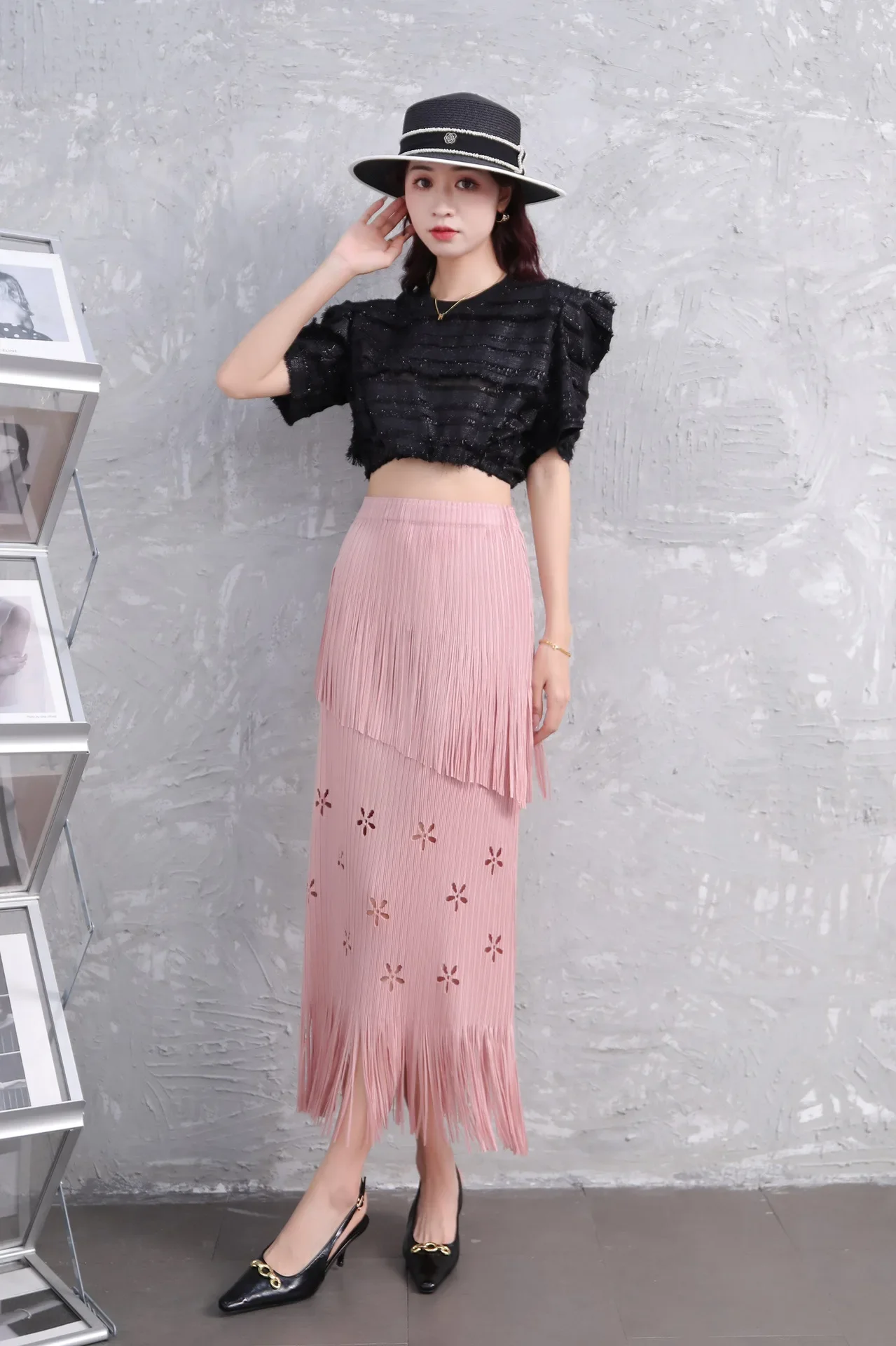Pleats Half-Body Simple Solid Causal Series Elegant And Vintage Midi skirts - Image 5