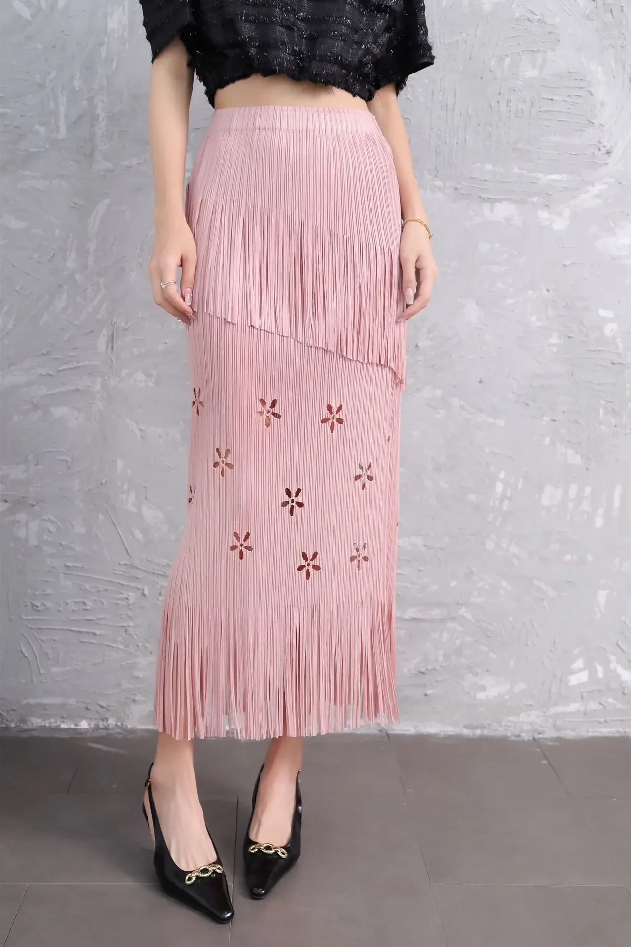 Pleats Half-Body Simple Solid Causal Series Elegant And Vintage Midi skirts - Image 4