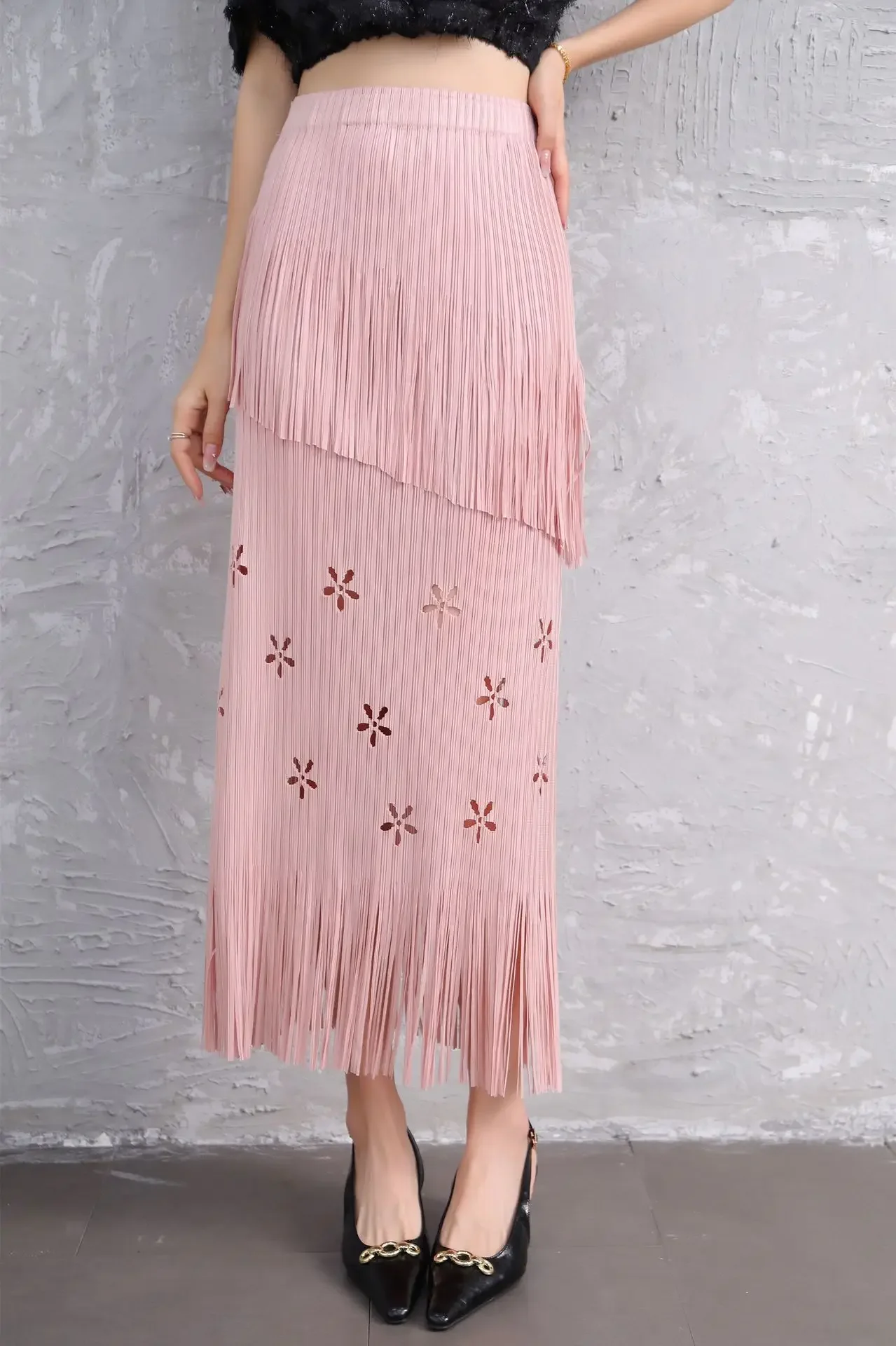 Pleats Half-Body Simple Solid Causal Series Elegant And Vintage Midi skirts - Image 3