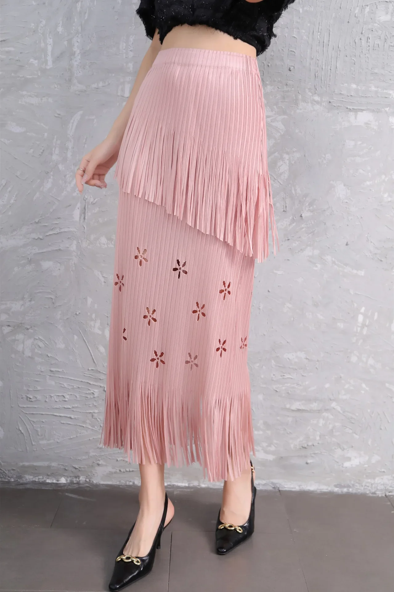 Pleats Half-Body Simple Solid Causal Series Elegant And Vintage Midi skirts - Image 2