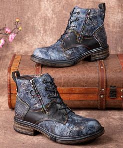 Retro Rendering Leather Splicing Round Toe Chunky Heels