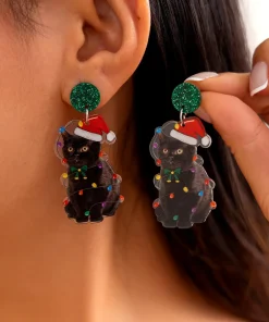 Cute Cat Creative Acrylic Christmas  Drop Earrings