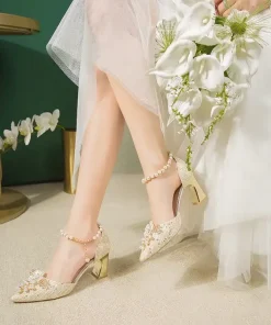 Lace Beaded Tassel Fashion Rhinestone Pattern Thick Heel Bridal Shoes